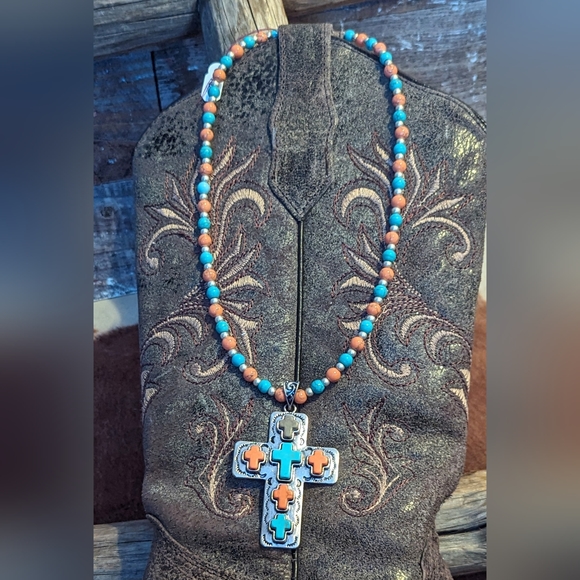 New Handcrafted Original Design Multi Colored Beaded Necklace With Cross Pendant - Picture 1 of 5